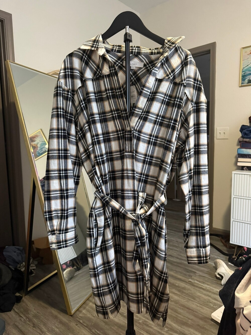 LOFT XL Plaid Shirt Dress Cotton Long Sleeve Belted